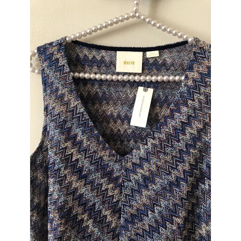 NWT Anthropologie Maeve Womens Size Small Westwater Blue Knit Dress Chevron - Picture 2 of 7